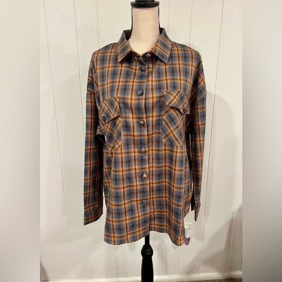 Daisy Street Oversized Orange & Blue Plaid Shirt with Chest Pockets NWT size L - Picture 1 of 11